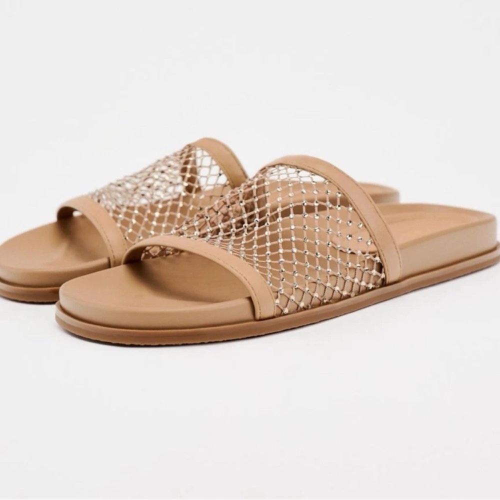 Zara mesh rhinestone slide sandals beige